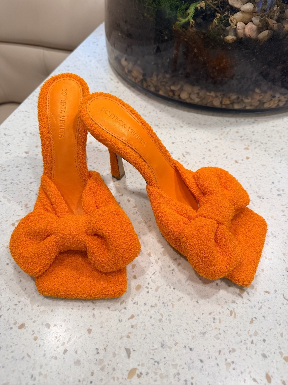Bottega Veneta Bright Orange Bow-Topped Mule Heels